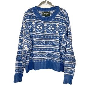 American Eagle Fairisle Snowdrift Crewneck Sweater Blue White Boxy Soft Fuzzy L